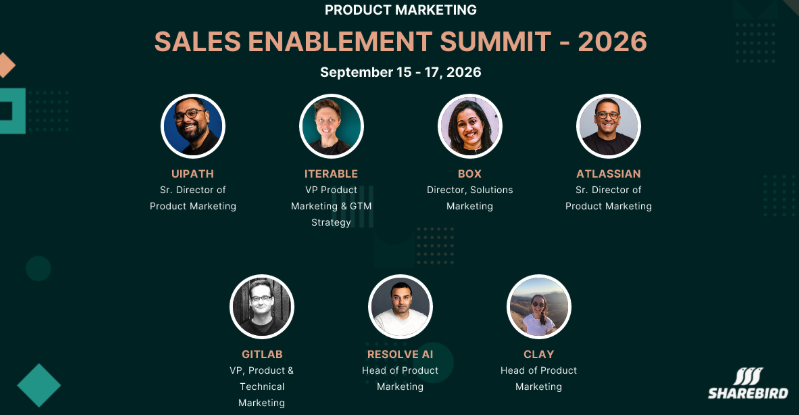 Sharebird Sales Enablement Summit 2026 speaker banner: UiPath, Iterable, Box, Atlassian, GitLab, Resolve AI, Clay